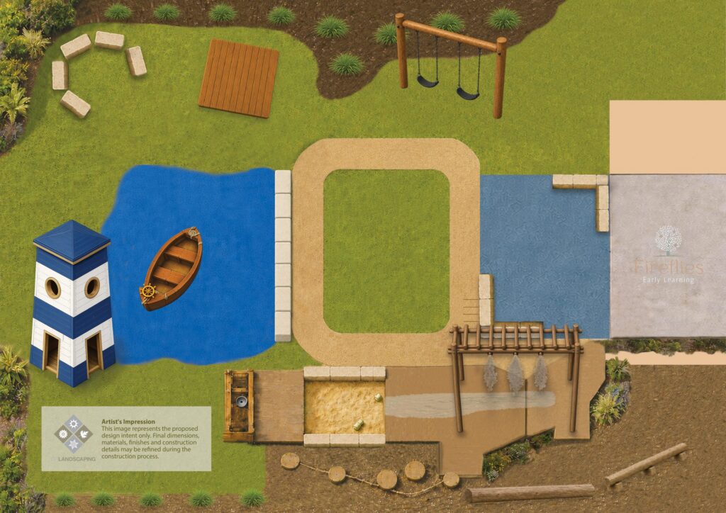 Artist's impression of the new playground at Fireflies Early Learning Cooroy, with a lighthouse cubby, play boat, bike track, swings, sandpit and misting arbour