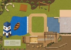 Artist's impression of the new playground at Fireflies Early Learning Cooroy, with a lighthouse cubby, play boat, bike track, swings, sandpit and misting arbour